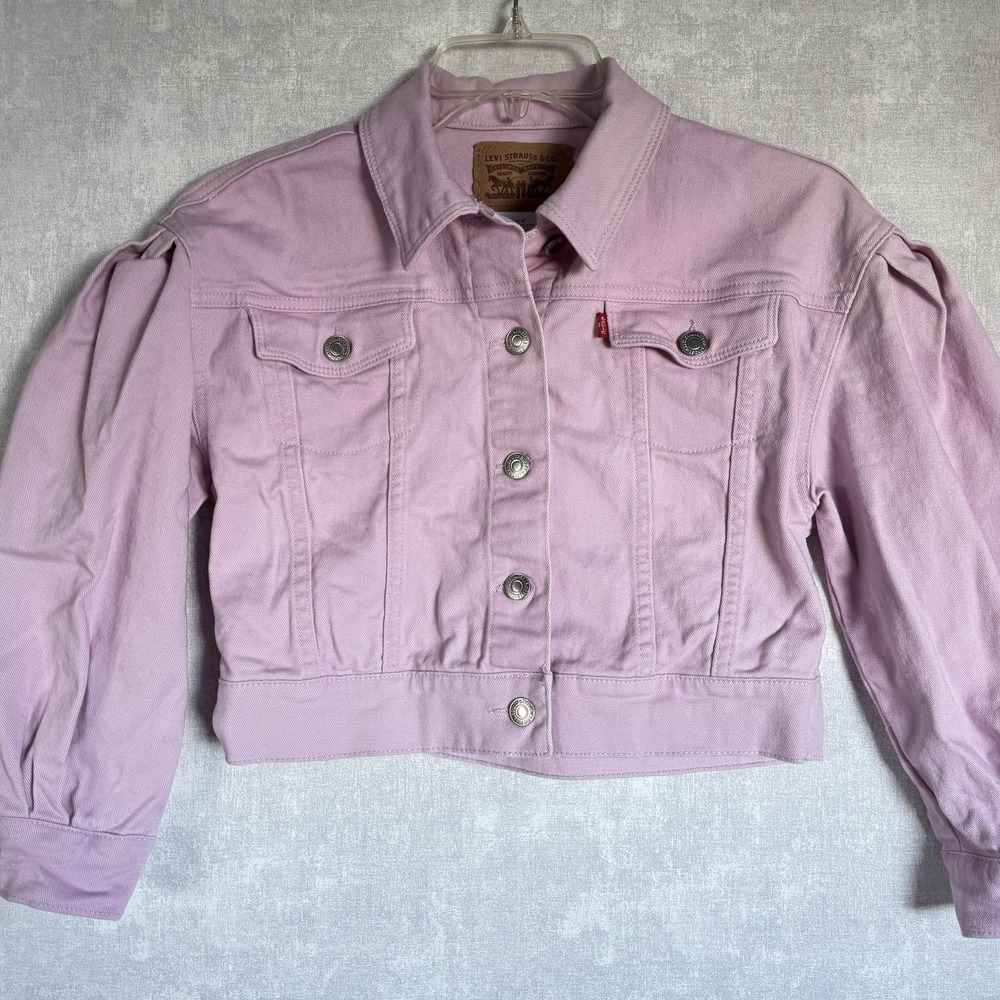 Levis Jacket Girls Medium 10 12 Pink Cropped Denim Puff Sleeve‎ Button Up